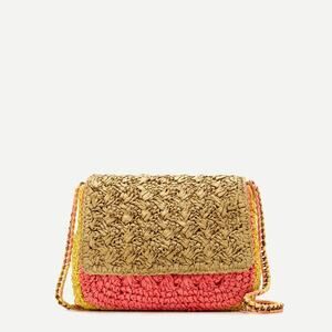 J. Crew Colorblocked Handwoven‎ Raffia Crossbody Bag Button Closure Chain Strap